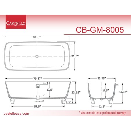 Castello Usa 71" L, 31.5" W, White, Solid Surface CB-GM-8005